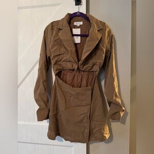New with tags. Blazer dress, mid section cut out. Trench color. FITS LIKE SMALL